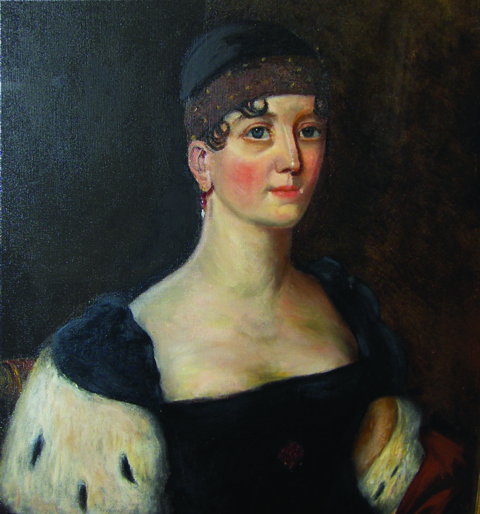 A painting of Elizabeth Monroe wearing a cut dress and black cap